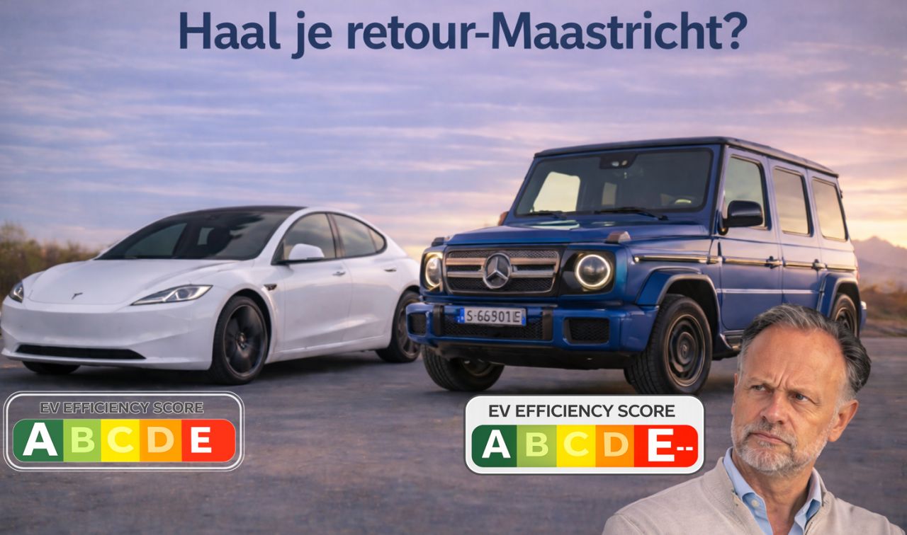 Een Tesla naast een elektrische Mercedes G-Klasse met EV-efficiencylabels, met de tekst Haal je retour-Maastricht