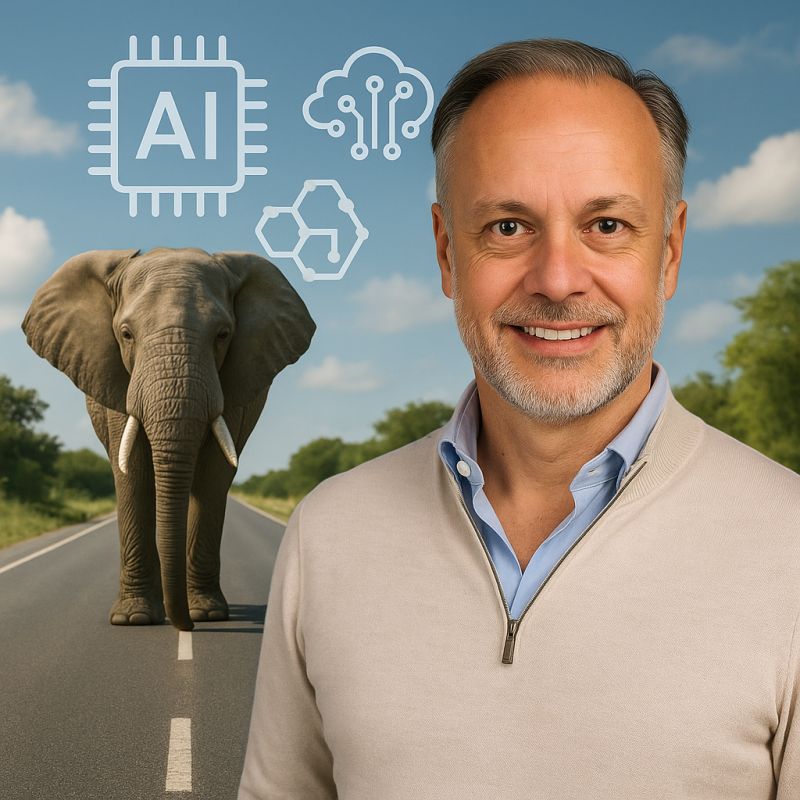 Arnold van der Veen Meerstadt op een digitale snelweg naast een olifant, met zwevende AI-symbolen