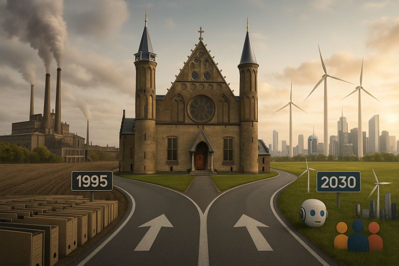 Een kerk op een kruispunt tussen een verleden met fabrieken en dozen (1995) en een toekomst met windmolens en AI (2030)