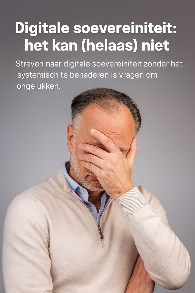 Arnold van der Veen Meerstadt met een hand voor zijn gezicht, met de tekst Digitale soevereiniteit: het kan helaas niet
