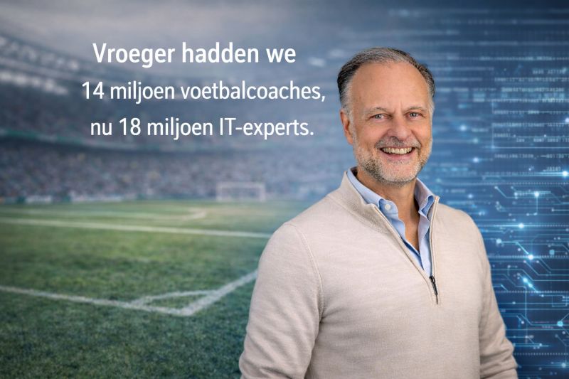 Arnold van der Veen Meerstadt voor een voetbalstadion en een digitaal netwerk, met de tekst Vroeger hadden we 14 miljoen voetbalcoaches, nu 18 miljoen IT-experts