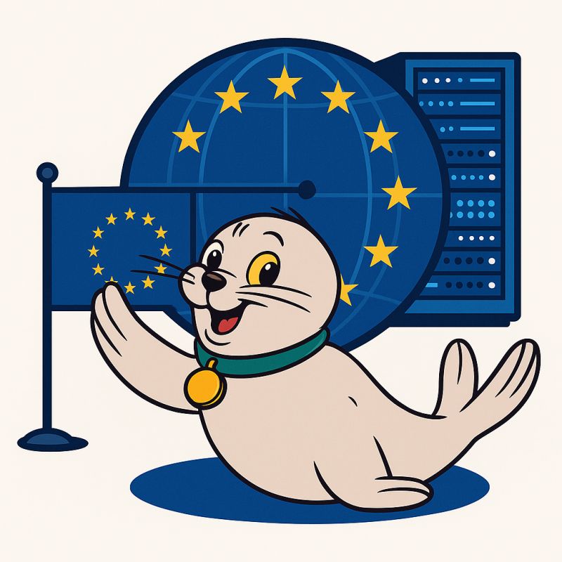 Illustratie van een vrolijke zeehond voor de Europese vlag en een serverrack, verwijzend naar het Cloud Sovereignty Framework (SEAL)