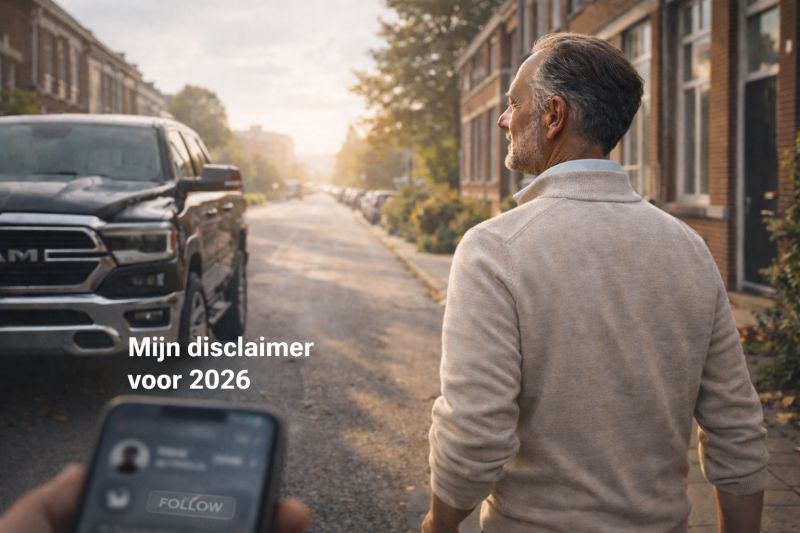 Arnold van der Veen Meerstadt kijkt om op straat naar een grote pick-up, op de voorgrond een telefoon met een volg-knop, met de tekst Mijn disclaimer voor 2026