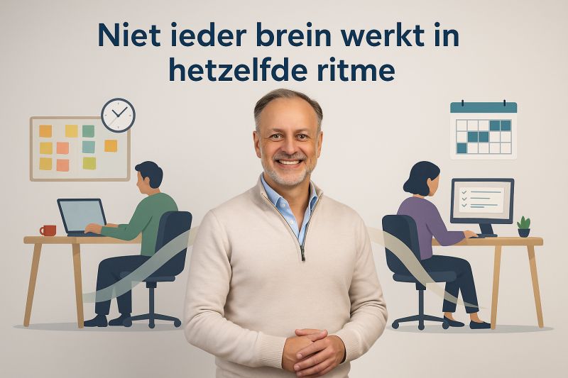 Arnold van der Veen Meerstadt tussen twee mensen aan bureaus die op verschillende manieren werken, met de tekst Niet ieder brein werkt in hetzelfde ritme