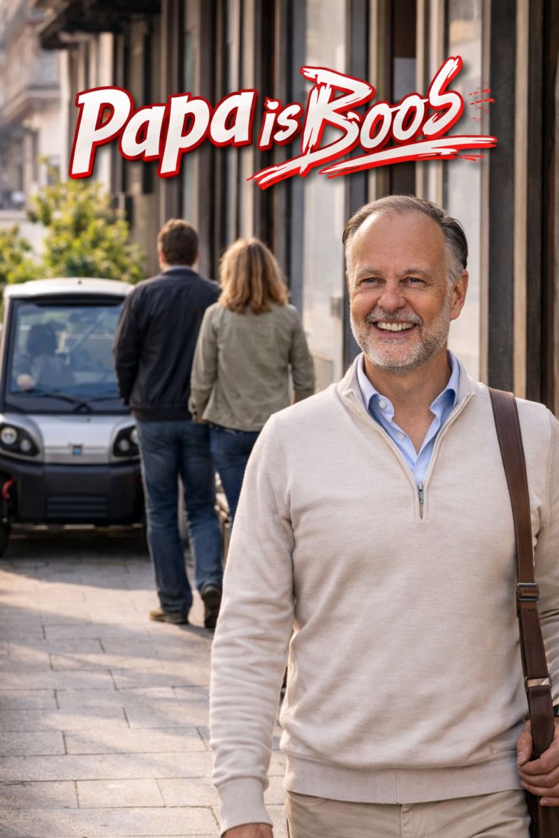 Arnold van der Veen Meerstadt loopt op de stoep, twee jongeren lopen naast elkaar de andere kant op, met de tekst Papa is boos