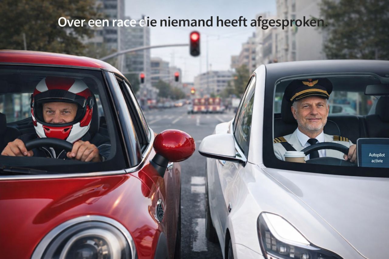 Arnold van der Veen Meerstadt twee keer naast elkaar: links als coureur met helm in een rode auto, rechts als piloot met autopilot in een witte auto, met de tekst Over een race die niemand heeft afgesproken