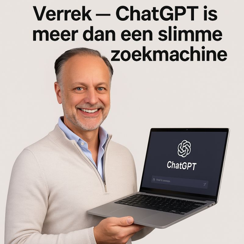 Arnold van der Veen Meerstadt met een laptop met ChatGPT, met de tekst Verrek, ChatGPT is meer dan een slimme zoekmachine