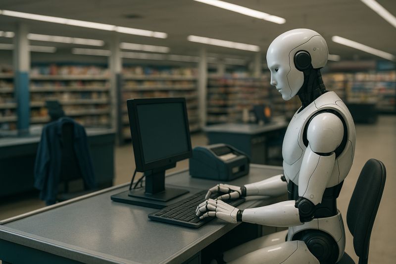 Een mensachtige robot achter een kassa in een supermarkt